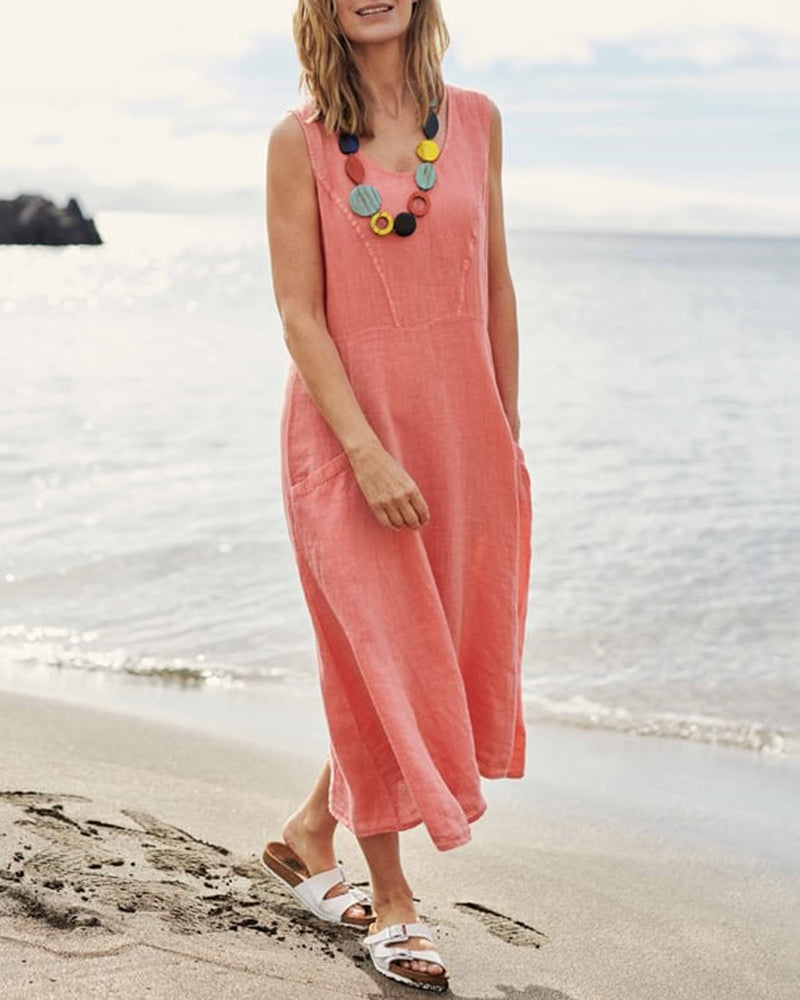 Coral sleeveless linen dress with pockets, perfect for vacation on the beach, vacation dress