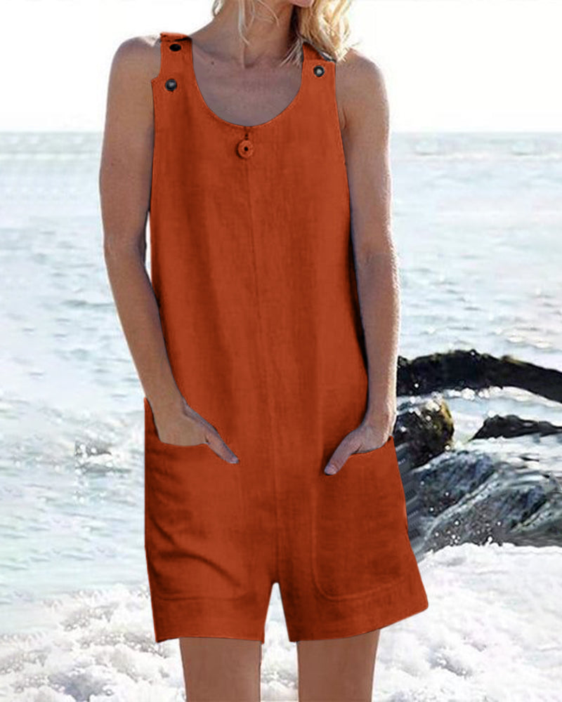 Orange cotton pocket buttons shorts jumpsuit, casual style, perfect for leisure and daily wear.