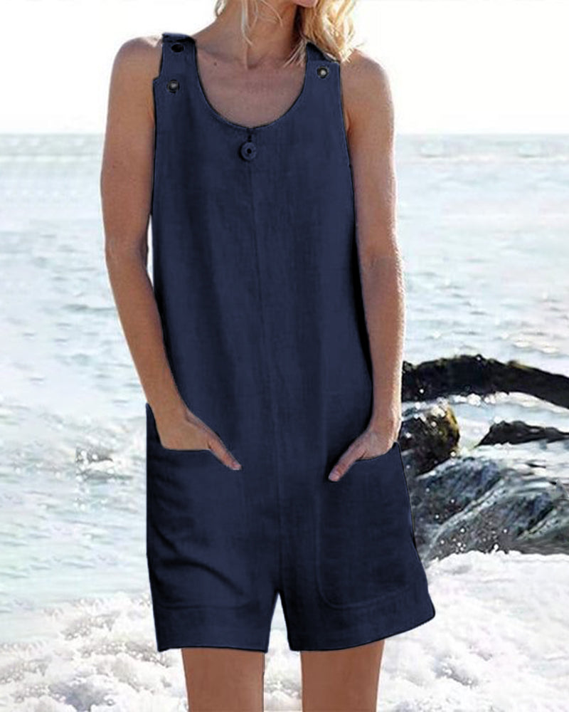 Navy blue cotton pocket buttons shorts jumpsuit, casual style, perfect for leisure and daily wear.