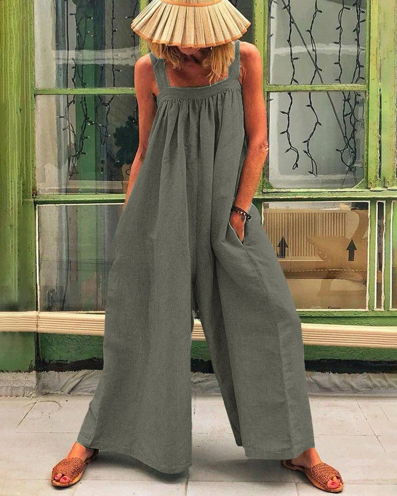 Gray linen-cotton jumpsuit with square neckline and wide legs, casual style