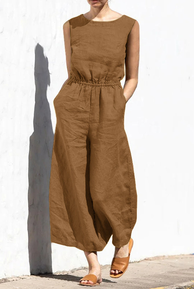 Brown wide leg cotton jumpsuit with elastic waist, perfect for casual and daily wear.