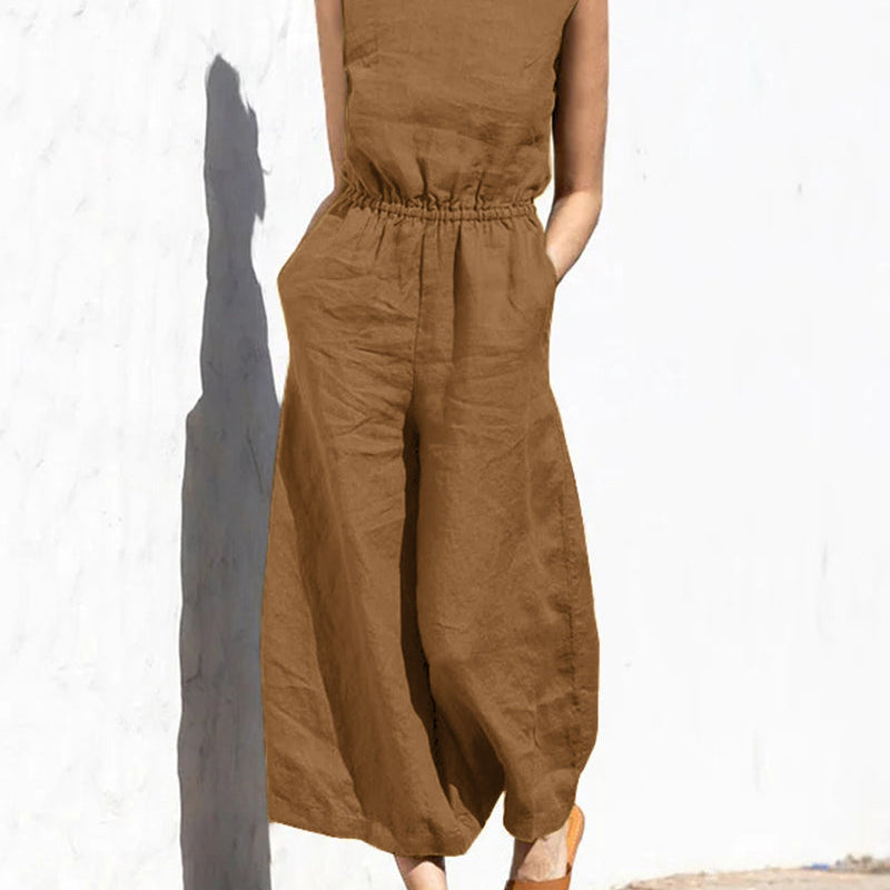 Brown wide leg cotton jumpsuit with elastic waist, perfect for casual and daily wear.