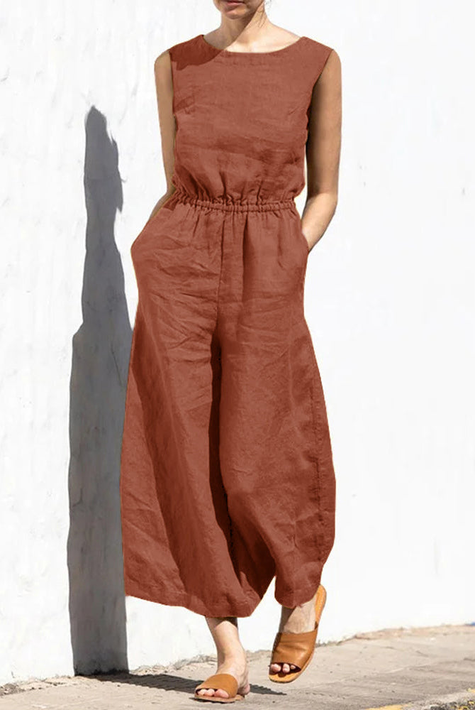 Rust-colored wide leg long jumpsuit made of cotton, casual style, perfect for daily wear.