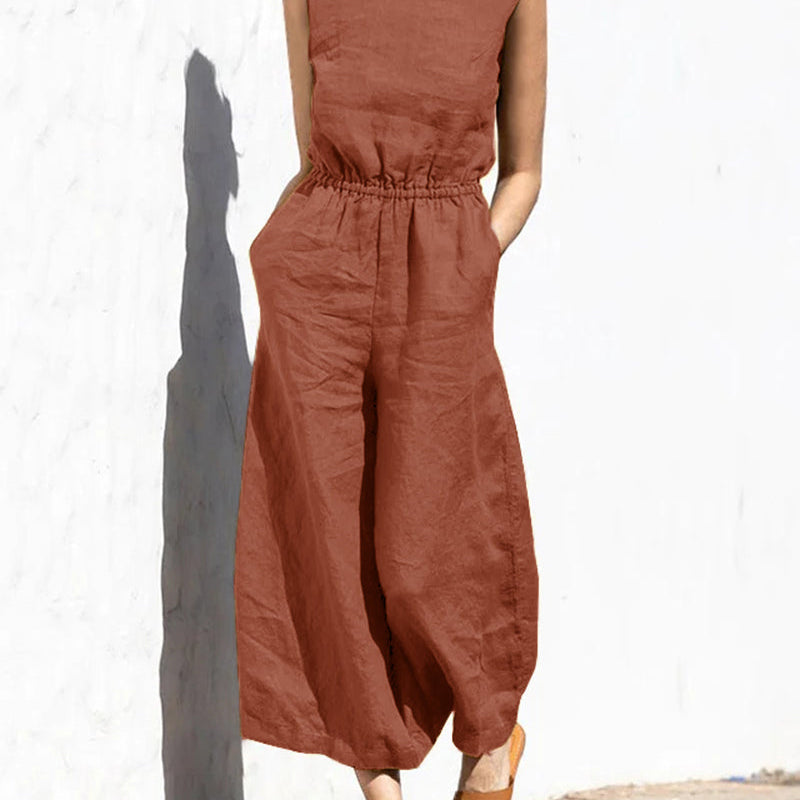 Rust-colored wide leg long jumpsuit made of cotton, casual style, perfect for daily wear.