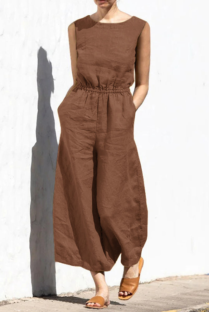 Rust cotton wide leg jumpsuit, casual style, elastic waist, perfect for daily wear