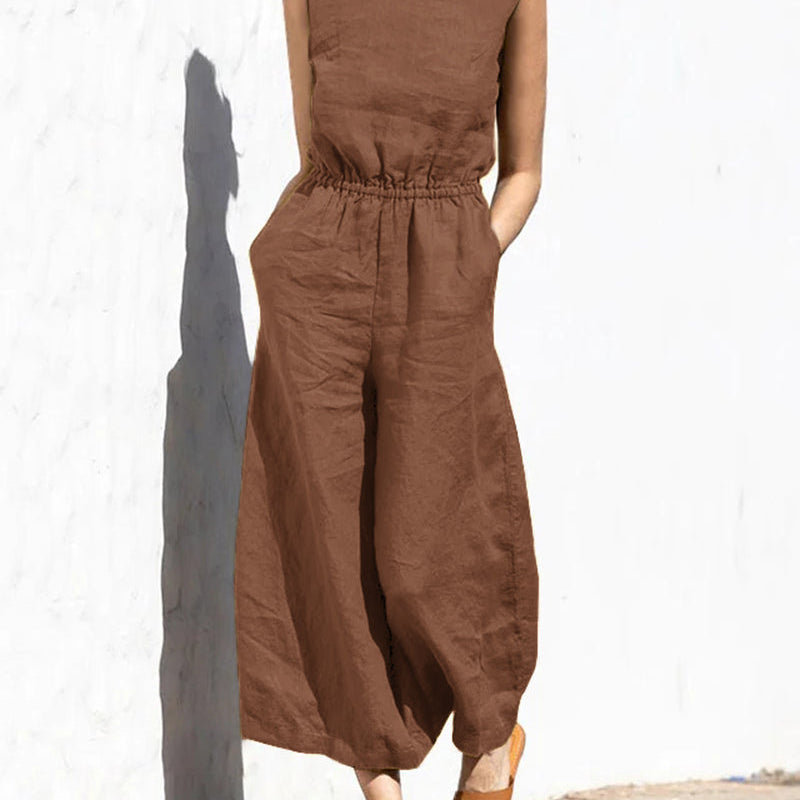 Rust cotton wide leg jumpsuit, casual style, elastic waist, perfect for daily wear