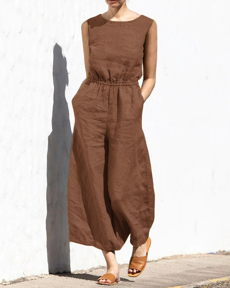 Rust cotton wide leg jumpsuit, casual style, elastic waist, perfect for daily wear