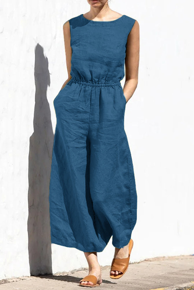 Teal blue wide leg cotton jumpsuit with elastic waist, perfect for casual and daily wear.