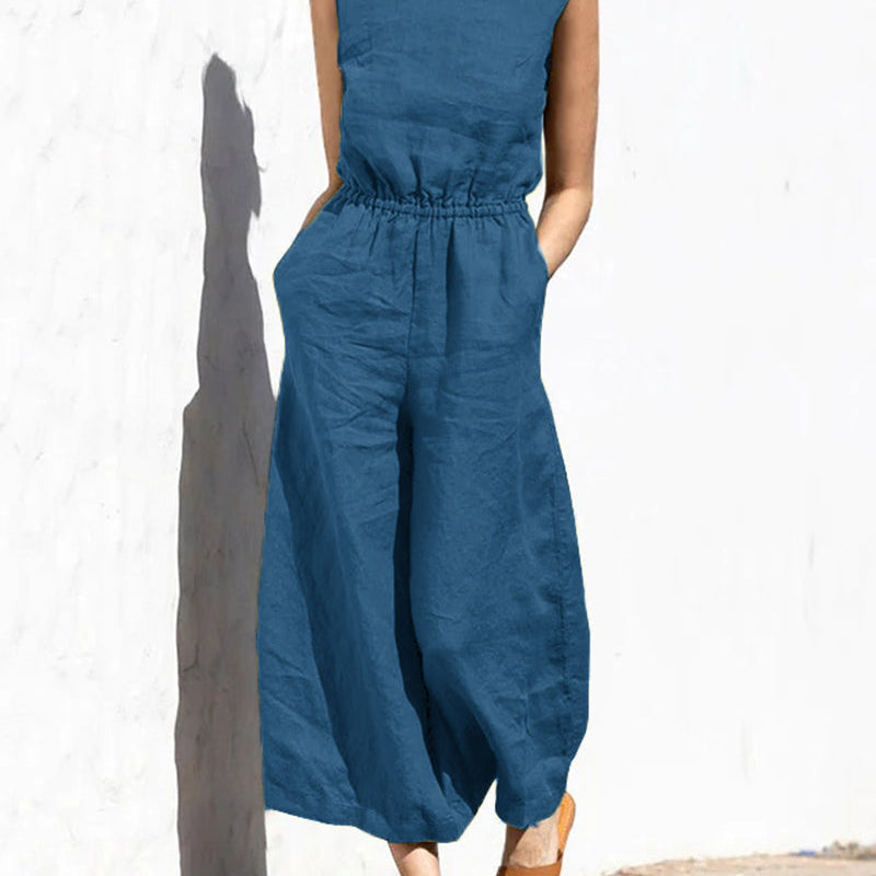 Teal blue wide leg cotton jumpsuit with elastic waist, perfect for casual and daily wear.