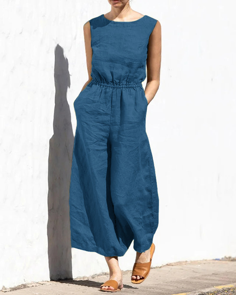 Teal blue wide leg cotton jumpsuit with elastic waist, perfect for casual and daily wear.