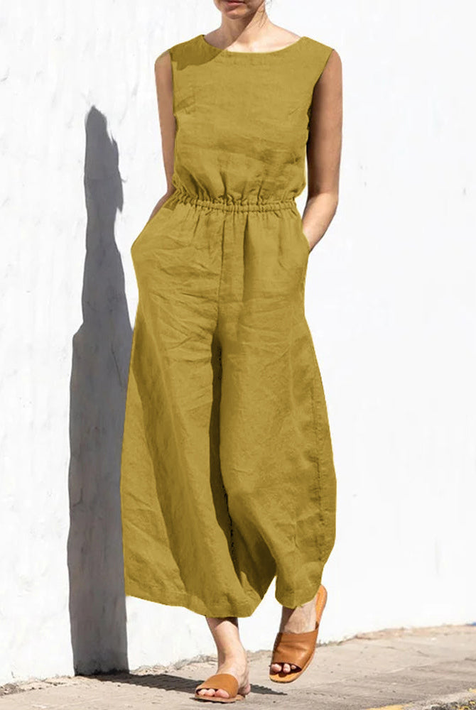 Mustard yellow wide leg long jumpsuit made of cotton, casual style, perfect for daily wear.