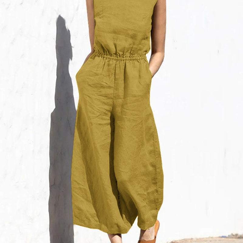 Mustard yellow wide leg long jumpsuit made of cotton, casual style, perfect for daily wear.