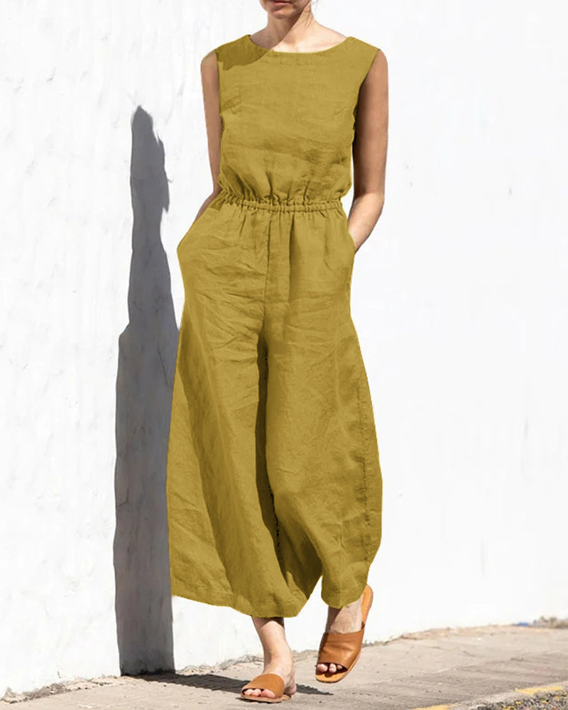 Mustard yellow wide leg long jumpsuit made of cotton, casual style, perfect for daily wear.