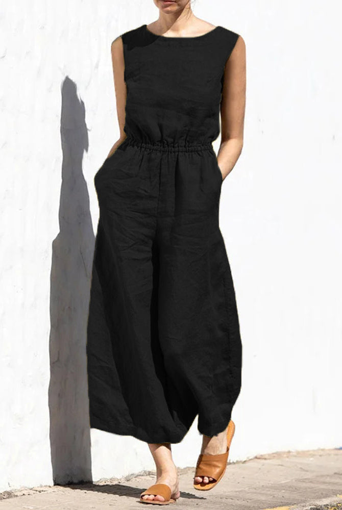 Black wide leg cotton jumpsuit, elastic waist, sleeveless, casual wear