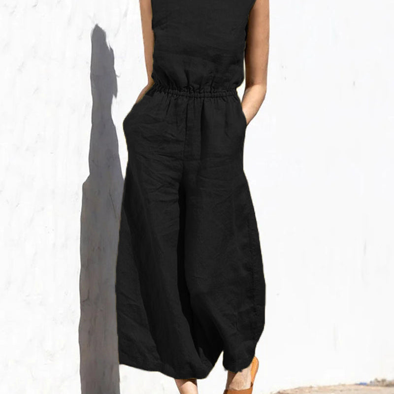 Black wide leg cotton jumpsuit, elastic waist, sleeveless, casual wear