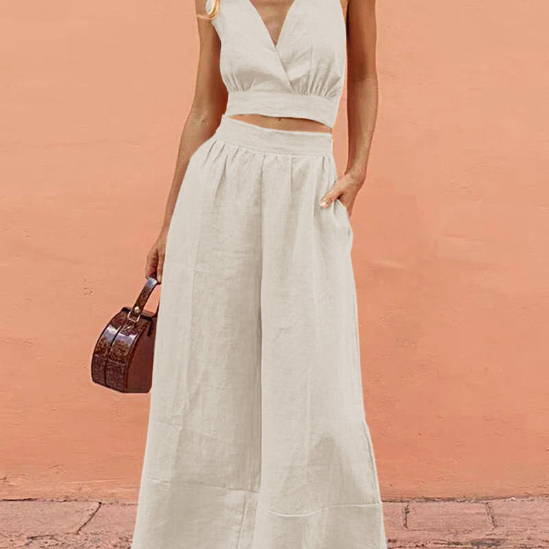 White crop top and wide-leg pants set. Vacation style, perfect for leisure and daily wear.