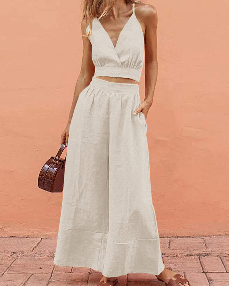 White crop top and wide-leg pants set. Vacation style, perfect for leisure and daily wear.