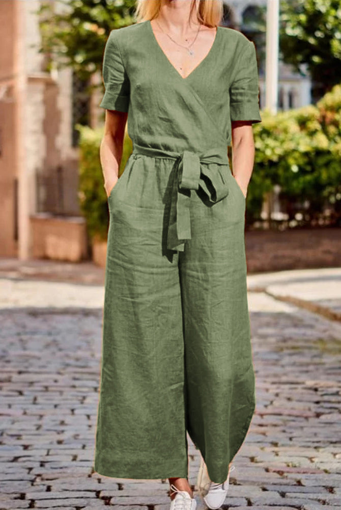Green cotton romper jumpsuit with belt, casual style, perfect for leisure and daily wear