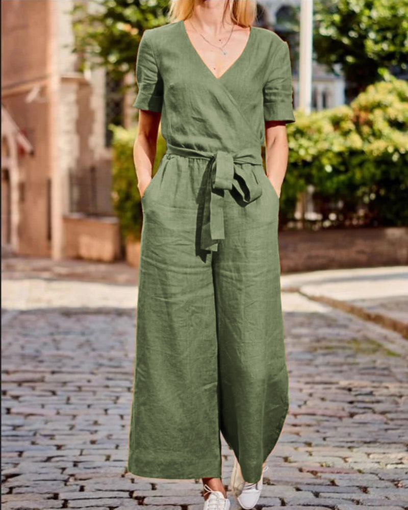 Green cotton romper jumpsuit with belt, casual style, perfect for leisure and daily wear