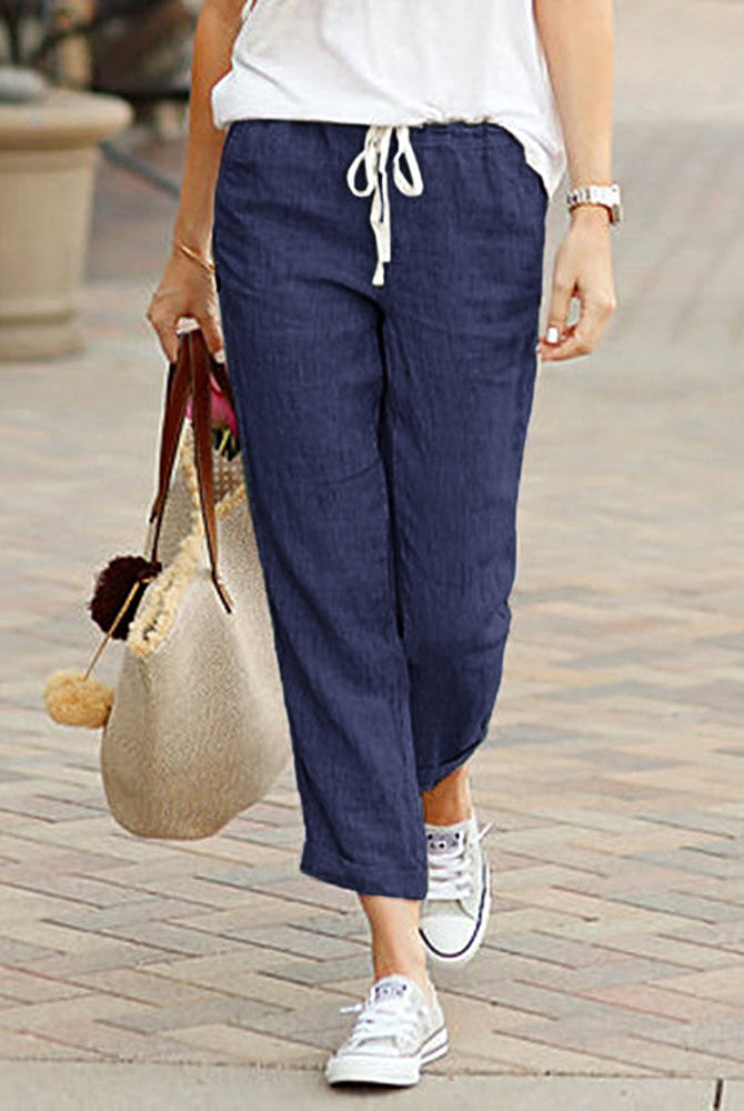 Drawstring elastic pants in linen and cotton blend, casual style for women, dark blue