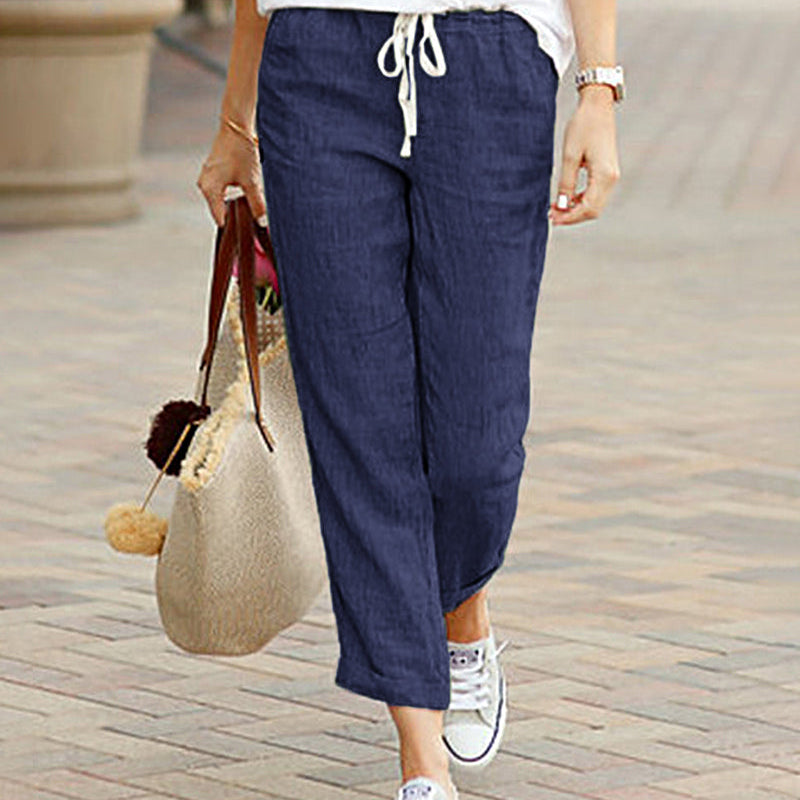Drawstring elastic pants in linen and cotton blend, casual style for women, dark blue