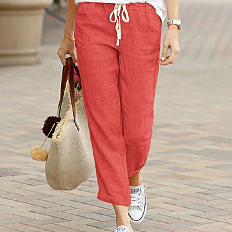 Coral drawstring elastic pants in linen and cotton blend, casual style for women.