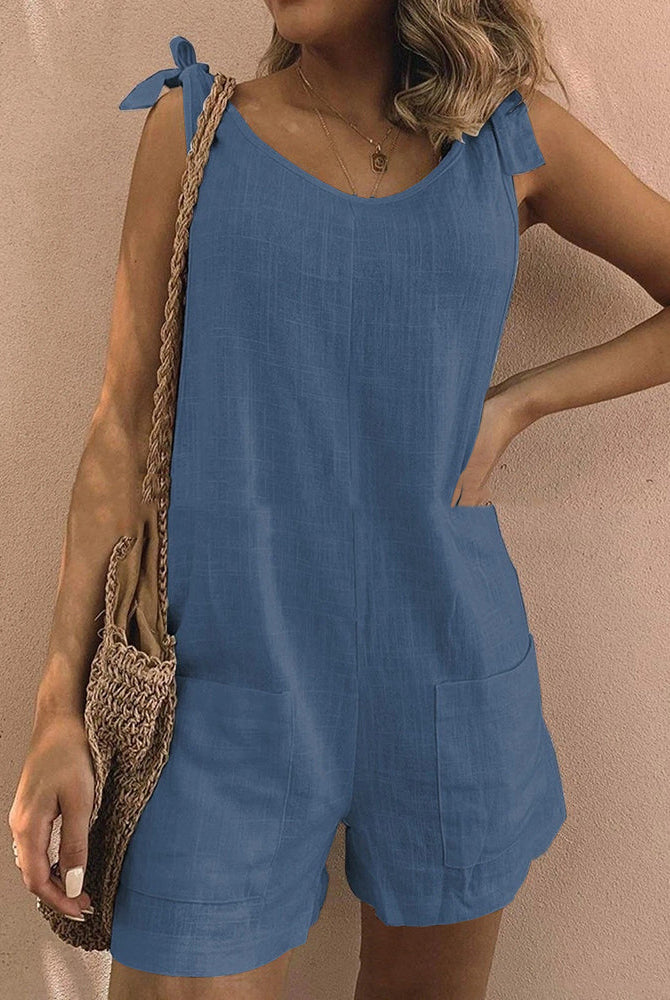 Blue linen pocket shorts jumpsuit with tie shoulder straps, casual summer outfit