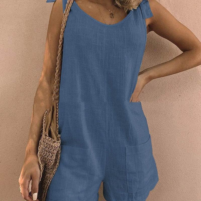 Blue linen pocket shorts jumpsuit with tie shoulder straps, casual summer outfit