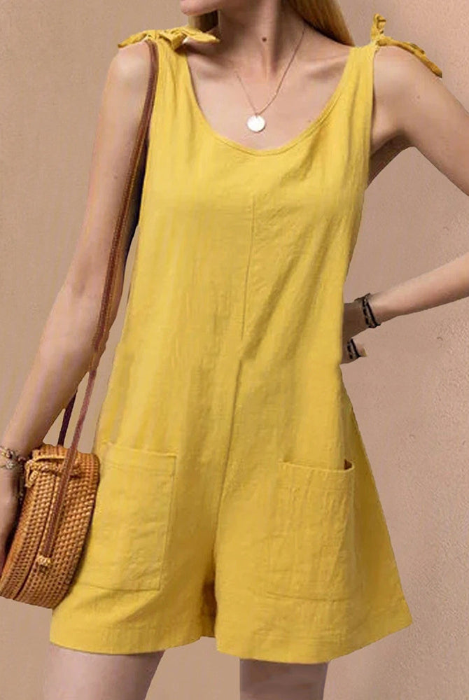Yellow linen pocket shorts jumpsuit with tie shoulder straps, casual summer outfit
