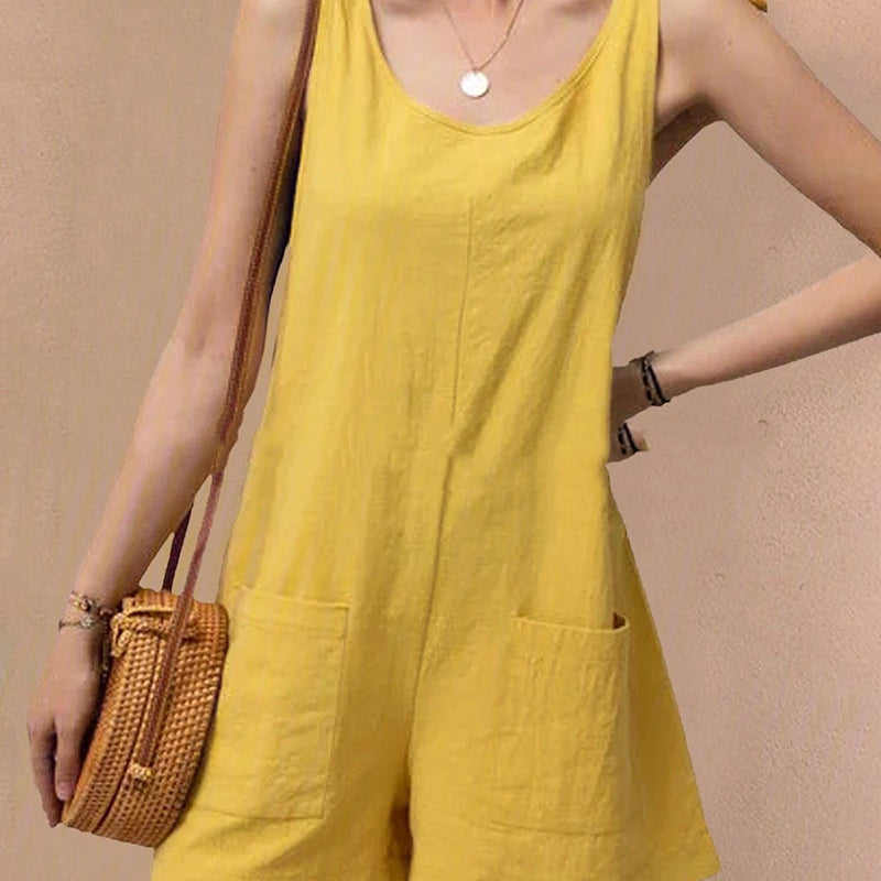 Yellow linen pocket shorts jumpsuit with tie shoulder straps, casual summer outfit