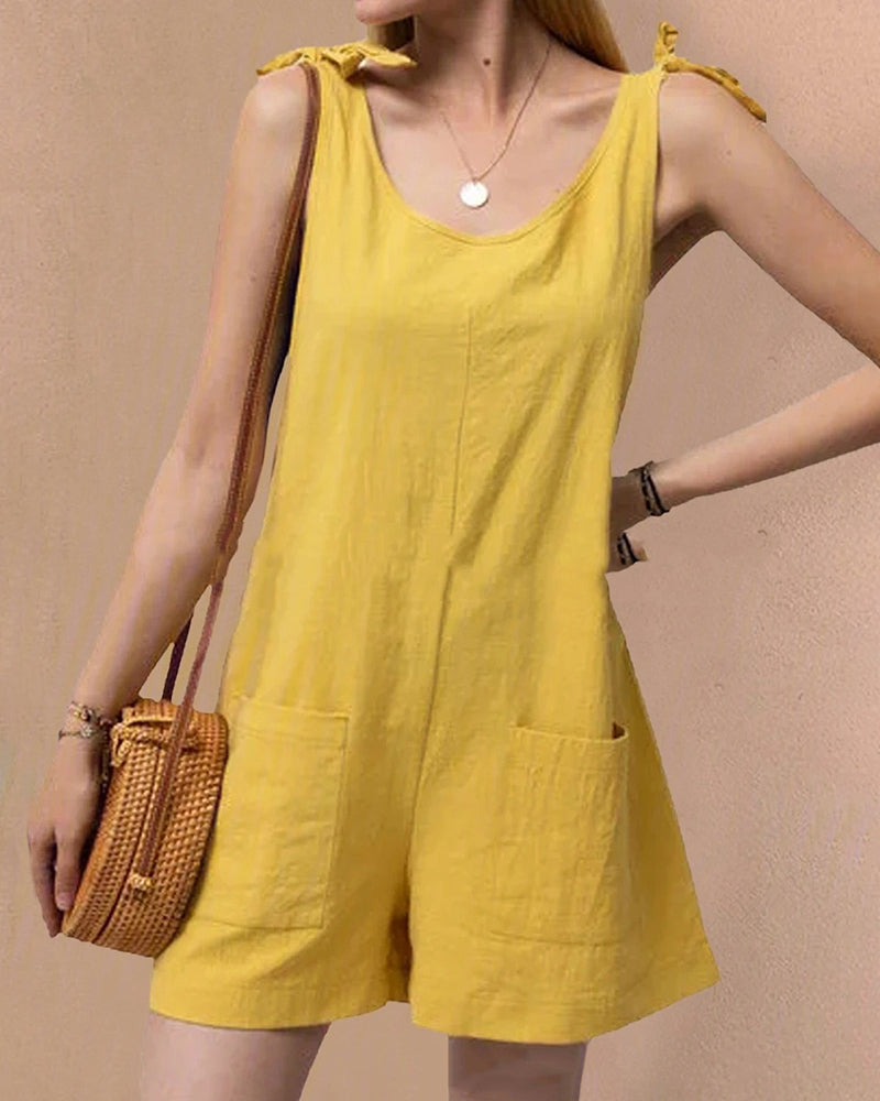 Yellow linen pocket shorts jumpsuit with tie shoulder straps, casual summer outfit
