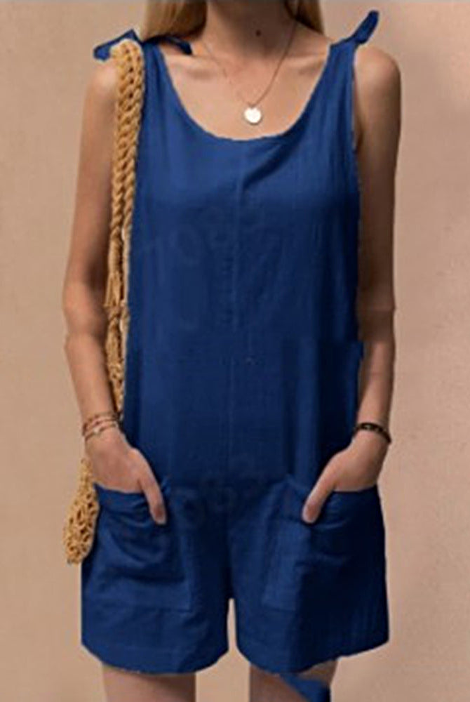Blue linen shorts jumpsuit with tie straps, casual summer outfit, front pockets, linen