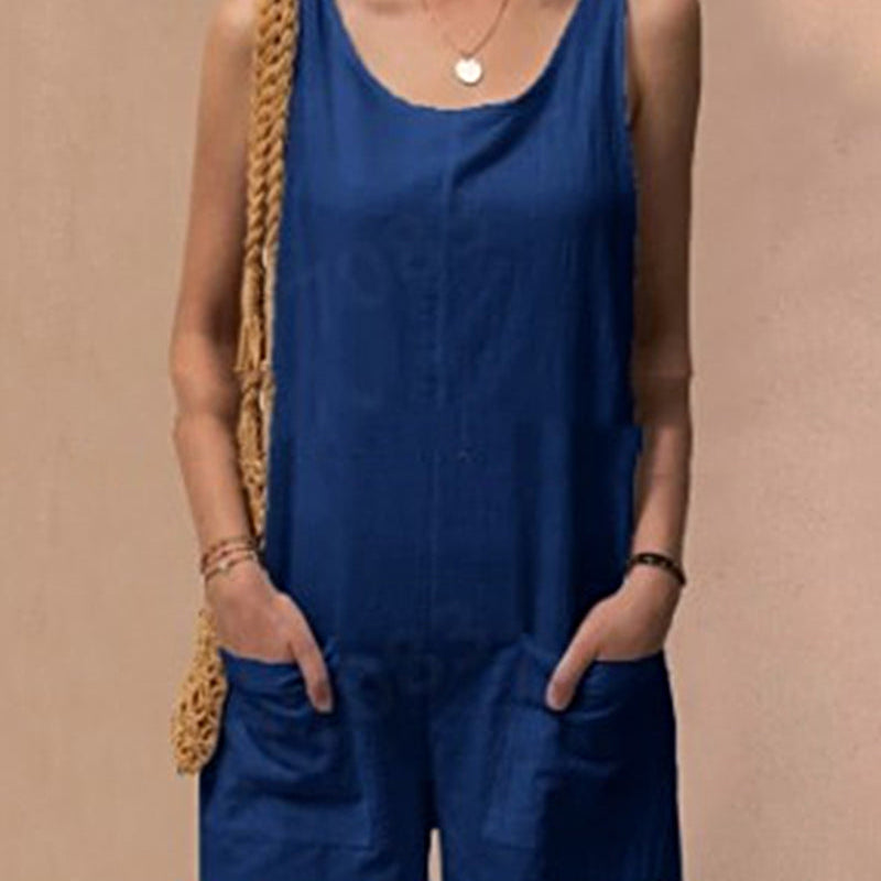 Blue linen shorts jumpsuit with tie straps, casual summer outfit, front pockets, linen