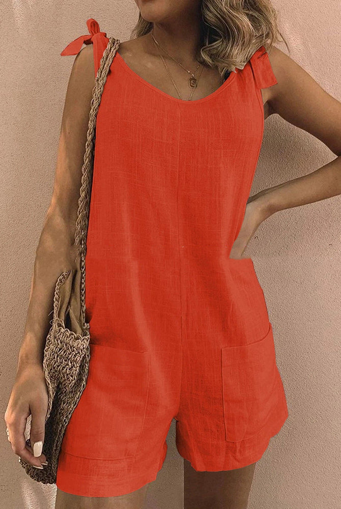 Orange pocket shorts jumpsuit with tie shoulder straps, casual summer outfit