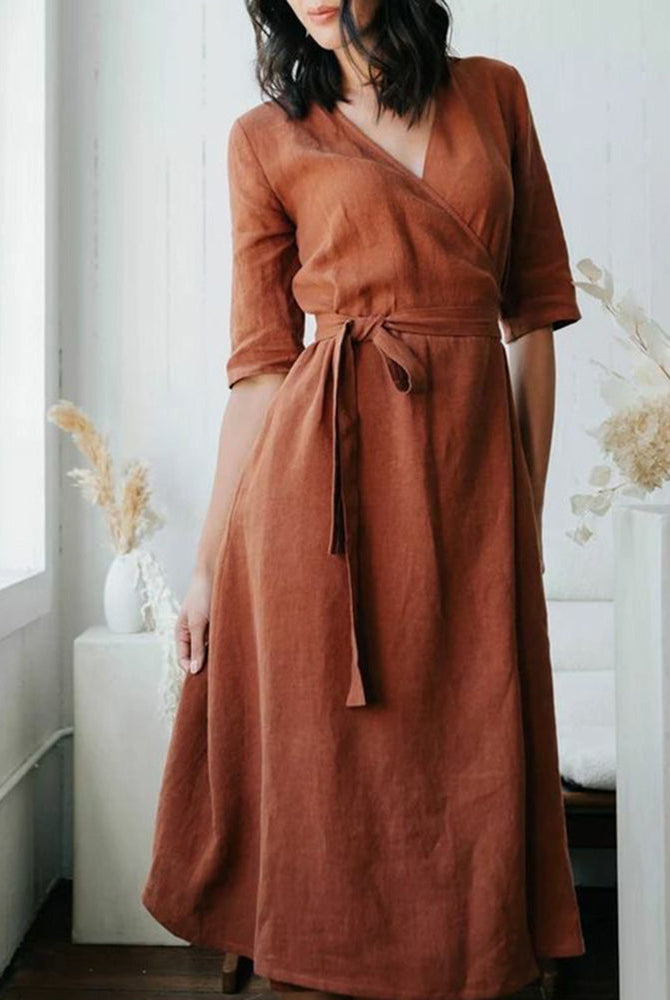 Copper wrap dress with pockets made of linen and cotton, perfect for leisure and vacation