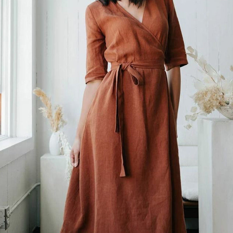 Copper wrap dress with pockets made of linen and cotton, perfect for leisure and vacation