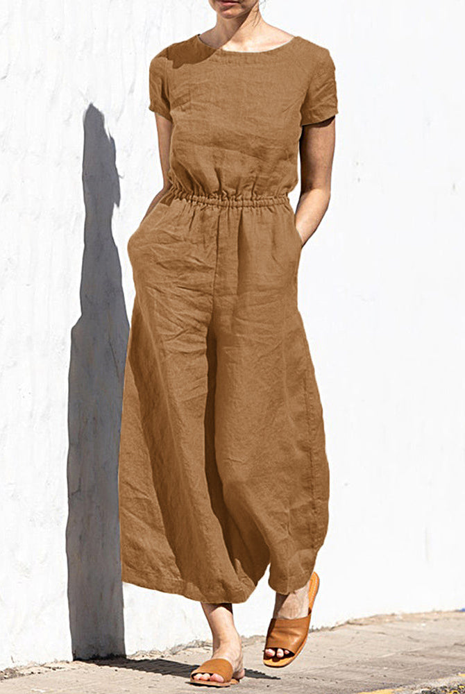 Brown cotton linen wide leg jumpsuit with elastic waist, perfect for casual daily wear