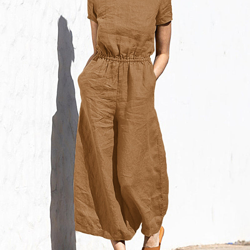 Brown cotton linen wide leg jumpsuit with elastic waist, perfect for casual daily wear