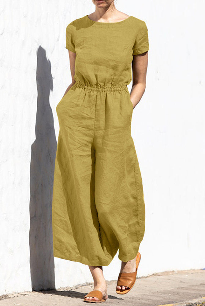 Olive green cotton linen wide leg jumpsuit, casual style with elastic waist, perfect for daily wear