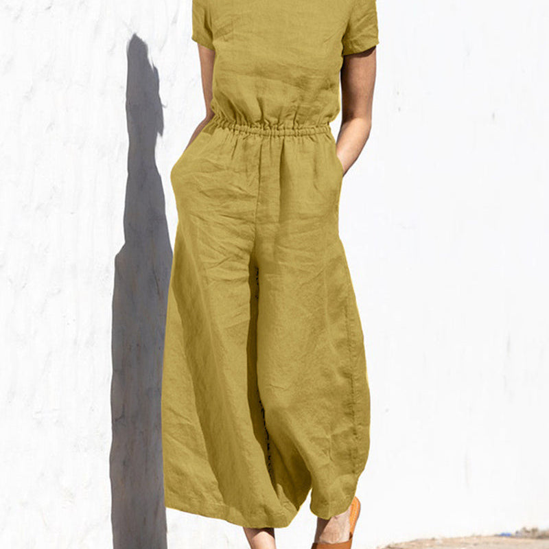 Olive green cotton linen wide leg jumpsuit, casual style with elastic waist, perfect for daily wear