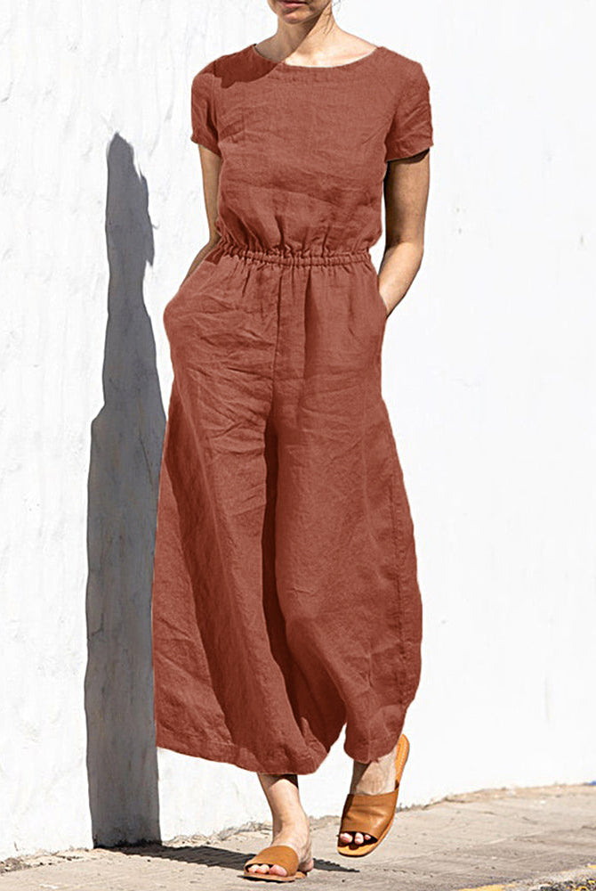 Rust cotton linen wide leg jumpsuit with elastic waist, perfect for casual daily wear.