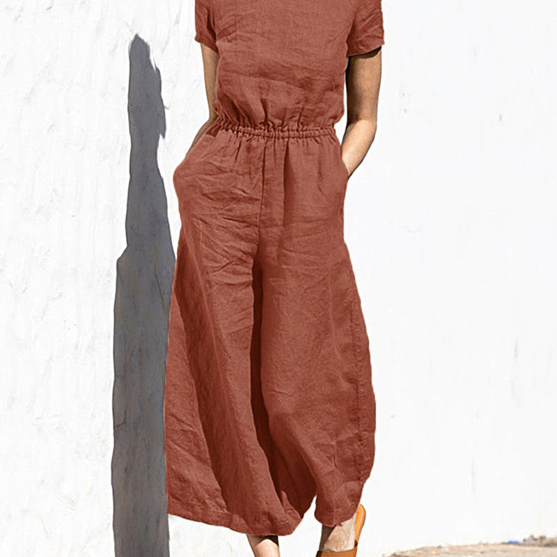 Rust cotton linen wide leg jumpsuit with elastic waist, perfect for casual daily wear.