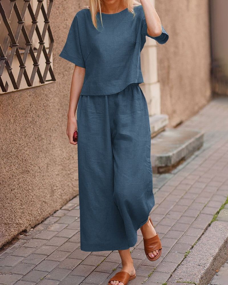 Teal blue linen two-piece set for women, casual outfit with short sleeves and wide leg pants
