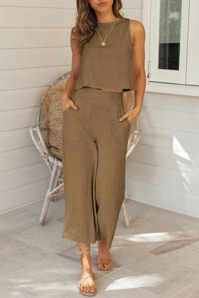 Light brown linen two-piece set: sleeveless top and wide-leg pants, casual wear.