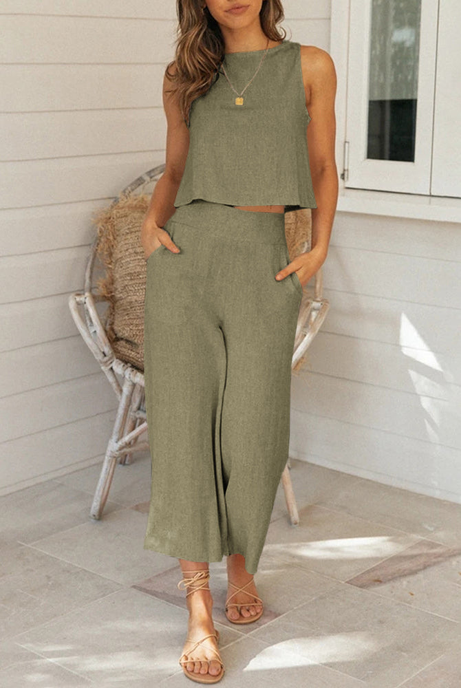 Olive green linen two-piece set: sleeveless top and wide-leg pants, perfect for casual wear.