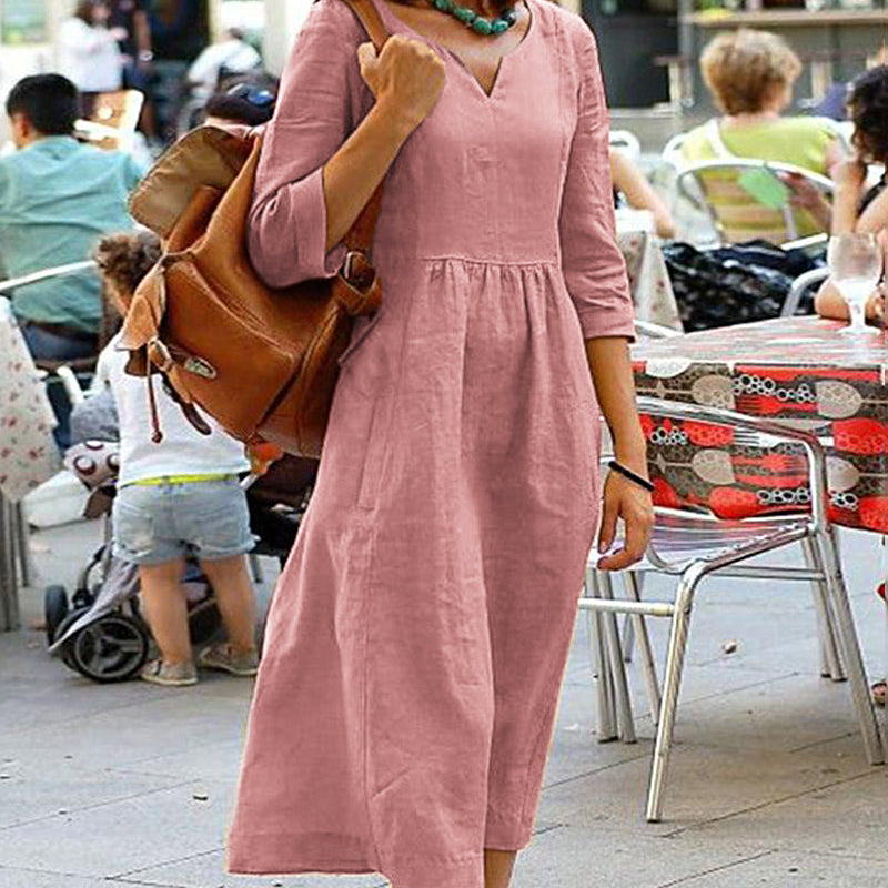 Pink cotton linen beach dress with V-neck and 3/4 sleeves, perfect for vacation