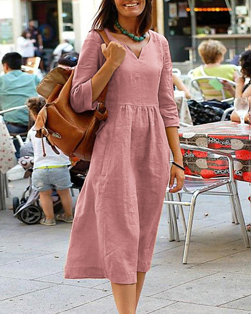 Pink cotton linen beach dress with V-neck and 3/4 sleeves, perfect for vacation