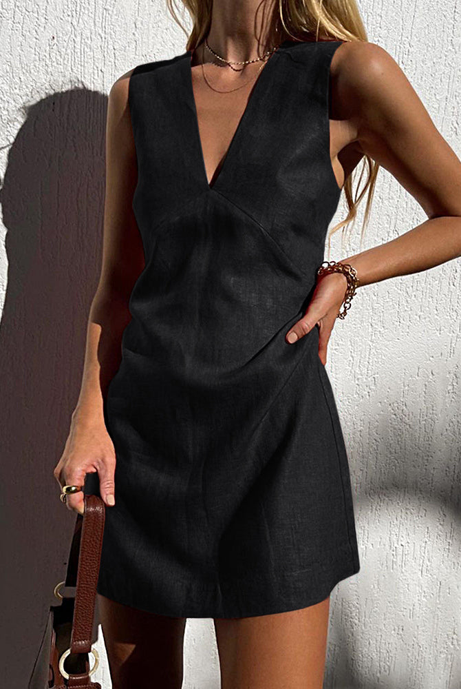 Black cotton linen vest dress, V-neck mini dress, perfect for daily wear, casual style, slim fit