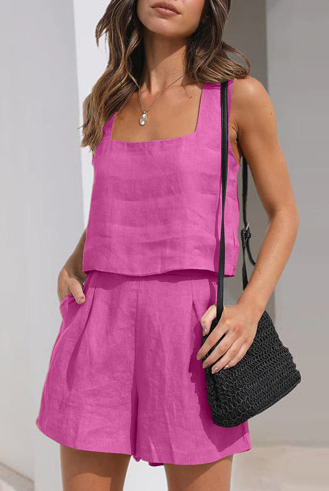Pink linen crop top and shorts set. Square neck tank and high-waisted shorts. Casual summer outfit.