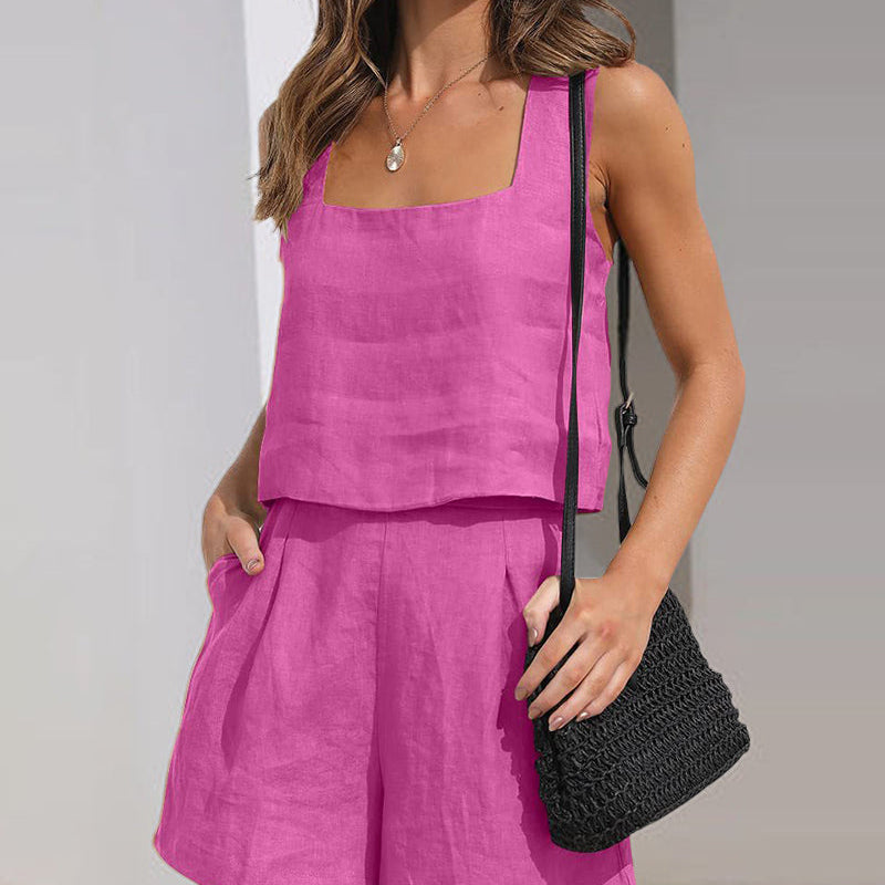 Pink linen crop top and shorts set. Square neck tank and high-waisted shorts. Casual summer outfit.
